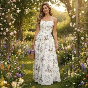 HoneyPlum Floral Maxi Dress Small? White Corset Zip Bridal Cottagecore Whimsical